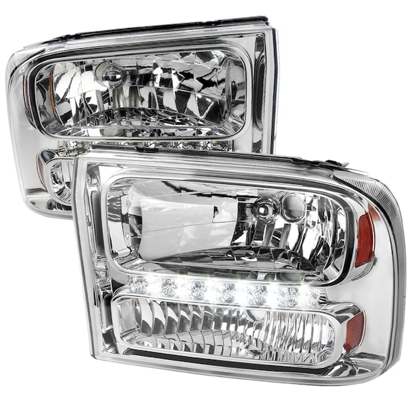Spec-D Tuning 99-04 Ford F250 1 Piece Chrome Euro Headlights With LED 2LH-F250991PC-RS - main